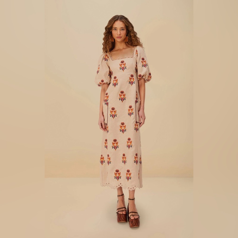 BNWT FARM RIO MIDI DRESS Floral Puff Sleeve Dress in Cream